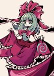  1girl arm_ribbon bow dress frilled_bow frilled_ribbon frills front_ponytail green_eyes green_hair hair_bow hair_ribbon hatosabure highres kagiyama_hina puffy_short_sleeves puffy_sleeves red_dress red_ribbon ribbon short_sleeves solo touhou wrist_ribbon 