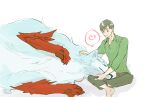 campfire_cooking_in_another_world_with_my_absurd_skill canid canine canis duo fel_(fenrir) feral head_on_lap human male male/male mammal mukoda_tsuyoshi on_lap paws resting_head size_difference smile unknown_artist wolf