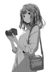  1girl absurdres bag camera from_side greyscale hands_up highres holding holding_camera looking_at_viewer looking_to_the_side monochrome original shimkarom shoulder_bag sketch sleeves_pushed_up solo upper_body white_background 