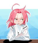  1girl ahoge angry artist_request averting_eyes highres kogami_akira long_sleeves lucky_star open_mouth oversized_clothes pink_hair shirt short_hair sleeves_past_fingers sleeves_past_wrists solo white_shirt yellow_eyes 