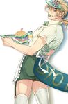  apron blonde_hair blue_eyes catsizuru diego_brando food garter_straps green_lipstick hamburger hat jojo_no_kimyou_na_bouken lipstick makeup male_focus miniskirt scary_monsters_(stand) skirt solo stand_(jojo) steel_ball_run tail thighhighs waitress 