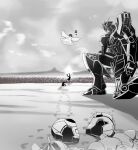  1girl 2boys amuro_ray beach char&#039;s_counterattack char_aznable commentary_request greyscale gundam gundam_seed gundam_seed_freedom helmet horizon kneeling lalah_sune mecha monochrome multiple_boys nu_gundam ocean parody pilot_suit robot scene_reference sunset tantouk translation_request unworn_clothes unworn_headwear unworn_helmet 