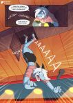  absurd_res anthro athletic_wear bottomwear clothing comic crawling duo e-zoid electronics english_text falling five_nights_at_freddy&#039;s flashlight gym_bottomwear gym_shorts hair hi_res hoodie horn kiddie_jukes kobold male male/male midriff phone pizzeria scottgames shorts text topwear vent white_hair 