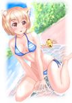  :o animal_ears arm_support beach bell bikini blonde_hair blush braid breasts cat_ears cleavage day jingle_bell long_hair looking_away mashinatsu medium_breasts original red_eyes shiny shiny_skin side-tie_bikini sitting skindentation smile solo striped striped_bikini swimsuit wariza wet 