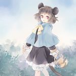  animal_ears basket blue_sky bow capelet cheese cloud day dress food grey_dress long_sleeves looking_at_viewer mouse mouse_ears mouse_tail nazrin red_eyes sky solo tail tomobe_kinuko touhou walking 