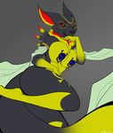  3_fingers anthro black_fur black_nose black_sclera breasts canine chest_tuft digimon eyebrows eyelashes female fox fur grey_background mammal narcotic_sprinkles nipple_chain plain_background red_eyes renabastet renamon solo tuft 