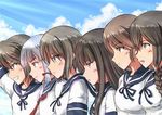  aoki_hagane_no_arpeggio bangs black_eyes black_hair blue_eyes blunt_bangs blush braid brown_eyes brown_hair cloud day fubuki_(kantai_collection) grin group_picture group_profile hatsuyuki_(kantai_collection) ichikawa_feesu isonami_(kantai_collection) kantai_collection light_rays lineup long_hair miyuki_(kantai_collection) multiple_girls murakumo_(kantai_collection) odd_one_out parody profile school_uniform serafuku shirayuki_(kantai_collection) short_hair silver_hair sky smile sunbeam sunlight upper_body yellow_eyes 