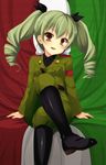  anchovy anzio_military_uniform arm_support armband bad_id bad_pixiv_id belt black_shirt blush boots brown_eyes crossed_legs dress_shirt drill_hair girls_und_panzer green_hair hair_ribbon highres italian_flag jacket knee_boots leaning_back long_hair long_sleeves looking_at_viewer military military_uniform necktie open_mouth pants ribbon shirt shoulder_belt sitting smile solo suidou_(kyupirapper) twin_drills twintails uniform 