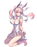  animal_ears bare_shoulders blue_eyes boots bow bowtie breasts cleavage dress frilled_dress frills full_body gen_6_pokemon gloves hair_bow high_heel_boots high_heels jyh kneeling large_breasts personification pink_footwear pink_gloves pink_hair pokemon smile solo sylveon transparent_background white_dress 