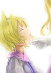  animal_ears blonde_hair closed_eyes commentary_request dress fox_ears gloves hand_on_another's_chin multiple_girls out_of_frame parted_lips portrait profile simple_background touhou white_background yakumo_ran yakumo_yukari zeikomi 