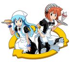  :d aizawa_eiko alternate_costume apron bangle blue_eyes blue_hair blush bracelet d: dress embarrassed enmaided food hat ice_cream ikamusume jewelry kaka_(kirby126) long_hair maid maid_apron maid_headdress multiple_girls open_mouth orange_eyes orange_hair pancake pantyhose shinryaku!_ikamusume short_hair smile squid_hat tentacle_hair tray very_long_hair white_legwear 