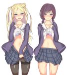  :d black_hair black_legwear blonde_hair blue_eyes blush bra cardigan fang hair_ornament hairclip hana_n_fountainstand hanayamata highres long_hair looking_at_viewer low_twintails md5_mismatch midriff multiple_girls navel nikuku_(kazedesune) open_cardigan open_clothes open_mouth pantyhose plaid plaid_skirt purple_eyes school_uniform sekiya_naru shirt_lift simple_background skirt skirt_lift smile thighband_pantyhose twintails underwear white_background 