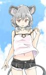  alternate_costume alternate_hairstyle animal_ears bare_arms bare_shoulders blue_sky chemise cloud collarbone day grey_hair low_twintails midriff mouse_ears mouse_tail navel nazrin off_shoulder pink_eyes sape_(saperon_black) short_shorts short_twintails shorts sky smirk solo strap_pull tail touhou twintails wind wind_lift 