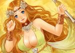  blue_eyes bracer breasts circlet cleavage collar curly_hair dress final_fantasy final_fantasy_xiv hair_ornament large_breasts mozuyun nophica paw_pose smile solo staff 