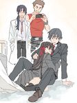  3boys bangs belt black_hair brown_hair cellphone collared_shirt crying formal glasses grey_hair hair_ornament hair_ribbon himeno_mikoto himuro_hitoshi holding hug indesign kaga_tsuyoshi kaii_shoukougun kirisaki_shouta labcoat long_hair multiple_boys necktie on_ground outline pants phone red_neckwear red_ribbon ribbon school_uniform serafuku shirt shoes short_hair short_ponytail sidelocks sketch skirt tears thighhighs white_outline zettai_ryouiki 