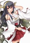  absurdres arm_up black_hair black_legwear blush brown_eyes detached_sleeves haruna_(kantai_collection) headgear highres ichikawa_feesu kantai_collection long_hair machinery nontraditional_miko open_mouth ribbon-trimmed_sleeves ribbon_trim skirt solo thighhighs white_background 