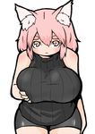  animal_ears bare_shoulders bike_shorts blush breast_lift breasts buraninn cat_ears eyebrows huge_breasts leaning_forward looking_at_viewer original pink_eyes pink_hair ribbed_sweater short_hair sleeveless sleeveless_turtleneck solo sweater thick_eyebrows turtleneck 