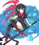  asymmetrical_wings black_hair black_legwear dress houjuu_nue mary_janes naughty_face paragasu_(parags112) polearm red_eyes shoes short_dress short_hair solo thighhighs thighs touhou trident ufo weapon wings 