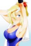  1girl armpits arms_up bleach blonde_hair blue_eyes blush breasts cleavage female gairon gradient gradient_background hair_ornament kudo_matsuri long_hair md5_mismatch medium_breasts one_eye_closed ponytail resized simple_background solo swimsuit towel wince 