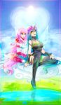  blue_eyes blue_hair clothed clothing cloud crown fluffle_puff friendship_is_magic green_eyes hair hi_res horn human humanized koveliana long_hair mammal my_little_pony outside pink_hair queen_chrysalis_(mlp) tongue tongue_out water wings 