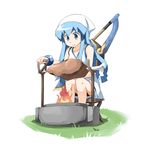  bangle bare_shoulders blue_eyes blue_hair boned_meat bracelet cooking dress fire food hat ikamusume jewelry kaka_(kirby126) light_smile long_hair meat monster_hunter rotisserie shinryaku!_ikamusume sitting sleeveless sleeveless_dress solo squid_hat stool sundress sword tentacle_hair very_long_hair weapon white_dress 