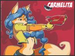  canine carmelita_fox cleavage clothed clothing ear_piercing english_text female fox gun hair indivicolours mammal midriff navel piercing ponytail ranged_weapon red_eyes sly_cooper_(series) solo text weapon 