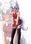  animal_ears bare_shoulders black_legwear blush breasts gloves highres inubashiri_momiji kouno_ibuki large_breasts looking_at_viewer midriff miniskirt pom_pom_(clothes) red_eyes red_gloves santa_costume short_hair silver_hair skirt solo tail thighhighs touhou wolf_ears wolf_tail zoom_layer 