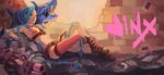  1girl blue_hair boots braid bullet bullets gloves jinx_(league_of_legends) league_of_legends long_hair pink_eyes pink_hair pipay tattoo twin_braids twintails weapon 