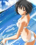  amagami ass bikini black_eyes black_hair blush bob_cut breasts cleavage day from_behind looking_at_viewer looking_back md5_mismatch medium_breasts murasaki_iro nanasaki_ai one_eye_closed short_hair smile solo swimsuit tan tanline wading water white_bikini 