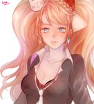  area12 bad_id bad_pixiv_id blue_eyes bow braid breasts cleavage danganronpa danganronpa_1 earrings enoshima_junko freckles hair_bow hair_ornament ikusaba_mukuro jewelry long_hair medium_breasts necktie pink_hair school_uniform single_braid smile solo twintails 