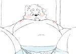 2024 anthro belly big_belly blush canid canine canis domestic_dog inunoshippo kemono male mammal moobs navel nipples overweight overweight_male solo water