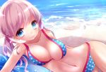  beach bikini blue_eyes breasts cleavage large_breasts long_hair looking_at_viewer lying mintsu_(ichi--kun) navel ocean on_side original outdoors pink_hair polka_dot polka_dot_bikini polka_dot_swimsuit shiny shiny_skin skindentation smile solo swimsuit unaligned_breasts water 