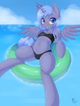  average-hanzo blue_eyes blue_fur blue_hair blush cloud equine friendship_is_magic fur hair hi_res horn looking_at_viewer mammal my_little_pony navel outside princess_luna_(mlp) swimsuit water wet winged_unicorn wings 