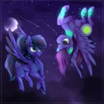  cutie_mark duo equine evehly eye_contact female feral flying fur hair hi_res horse mammal moon my_little_pony night original_character pegasus pony smile stars wings 