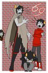  black_hair blah_blah_blah boots cancer clenched_teeth closed_eyes covering_ears dual_persona fangs grey_skin homestuck hood horns kankri_vantas karkat_vantas long_hair male_focus mihirahira multiple_boys open_mouth sharp_teeth smile sweatdrop sweater teeth the_disciple the_sufferer troll_(homestuck) yellow_sclera 