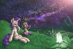  blue_eyes cutie_mark dragon duo equine female flower friendship_is_magic fur grass green_eyes hair hi_res horn male mammal mountain mrs1989 my_little_pony night open_mouth purple_hair rarity_(mlp) smile spike_(mlp) stars unicorn white_fur 