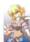  arm_warmers blonde_hair foreshortening green_eyes kotepo mizuhashi_parsee pointy_ears scarf shaded_face short_hair smirk solo touhou v w 