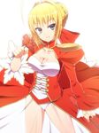  ahoge blonde_hair blue_eyes breasts dress fate/extra fate_(series) flower large_breasts leotard nero_claudius_(fate) nero_claudius_(fate)_(all) ookami_maito red_dress see-through solo 