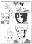  !! /\/\/\ 1boy 1girl ? blush comic dress greyscale hair_between_eyes jean_kirchstein kaika mikasa_ackerman monochrome scarf shaded_face shingeki_no_kyojin short_hair silent_comic simple_background spoken_exclamation_mark spoken_question_mark waving white_background 