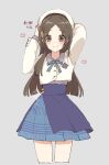  1girl beret blue_overskirt blue_skirt blunt_ends blush brown_hair commentary_request cropped_jacket cropped_legs gakuen_idolmaster hat hatsuboshi_gakuen_school_uniform idolmaster jacket kanasaki kuramoto_china long_hair long_sleeves looking_at_viewer parted_bangs pleated_skirt school_uniform simple_background skirt smile solo straight_hair translation_request very_long_hair white_hat white_jacket 
