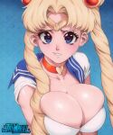  1girl alternate_breast_size artist_name bishoujo_senshi_sailor_moon biting_own_lip blonde_hair blue_eyes blue_sailor_collar breasts bursting_breasts choker cleavage collarbone diadem earrings hair_over_shoulder heart heart-shaped_pupils heart_choker jay_marvel jewelry large_breasts logo long_hair meme parted_bangs pink_pupils red_choker revision sailor_collar sailor_moon sailor_moon_redraw_challenge_(meme) sailor_senshi_uniform short_sleeves solo symbol-shaped_pupils tsukino_usagi twintails upper_body 