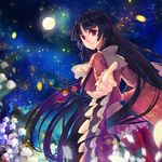  black_hair branch breasts flower full_moon highres houraisan_kaguya jeweled_branch_of_hourai lily_of_the_valley long_hair long_sleeves looking_at_viewer looking_back medium_breasts moon night outstretched_arm outstretched_hand red_eyes sash shirt skirt sky smile solo star_(sky) starry_sky touhou tsubasa19900920 very_long_hair wide_sleeves 