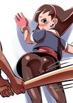  1boy 1girl against_wall ass baseball_bat blush bolero brown_hair capcom cropped_jacket dark_skin earrings gloves green_eyes hairband jewelry looking_back open_mouth pantyhose popporunga rockman rockman_dash short_hair tears tron_bonne 