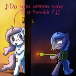  anticularpony blue_eyes blue_fur blue_hair cutie_mark dialog door duo english_text equine female flamethrower friendship_is_magic frozen_(movie) fur hair horn mammal my_little_pony open_mouth pink_eyes pink_hair princess_celestia_(mlp) princess_luna_(mlp) ranged_weapon singing text weapon white_fur winged_unicorn wings 