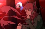  animal_ears anime_coloring bow braid cat_ears cat_tail earrings extra_ears hair_bow horns jewelry kaenbyou_rin multiple_tails pointy_ears red_eyes red_hair red_sky ribbon scarf short_hair sitting skull sky solo tail tenkomori_(bug_kura) touhou twin_braids 