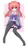  :d akata_itsuki arm_support black_legwear bow gekkan_shoujo_nozaki-kun hair_bow hair_ribbon highres long_hair no_shoes open_mouth orange_hair panties pantyshot pantyshot_(sitting) polka_dot polka_dot_bow polka_dot_ribbon ribbon rouman_academy_uniform sakura_chiyo school_uniform sitting smile solo thighhighs underwear white_panties 