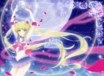 armpits arms_up back_bow bad_id bad_pixiv_id bishoujo_senshi_sailor_moon bishoujo_senshi_sailor_moon_crystal blonde_hair blue_eyes blue_sailor_collar blue_skirt bow choker crescent double_bun full_moon gloves highres holding holding_wand long_hair looking_at_viewer magical_girl mikan_(artist) moon moon_stick red_bow red_choker sailor_collar sailor_moon sailor_senshi_uniform skirt smile solo tiara tsukino_usagi twintails very_long_hair wand white_gloves 