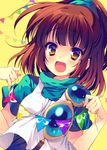  :d brown_eyes brown_hair carbuncle_(puyopuyo) flag hair_ornament holding looking_at_viewer open_mouth ponytail puyopuyo reia smile solo 