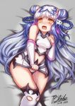  blue_eyes blush dated fangs haku_(p&amp;d) long_hair lying multicolored_hair on_back open_mouth purple_hair pussy_juice puzzle_&amp;_dragons qblade signature skirt skirt_pull solo thighhighs very_long_hair white_hair white_legwear yellow_eyes 