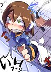  against_wall ahegao aile ass blush bodysuit bracelet brown_hair capcom drooling fingerless_gloves gloves green_eyes jewelry popporunga rockman rockman_zx saliva short_hair shorts spanked sweat tears whip whipping 